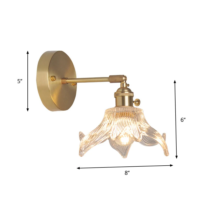 Eisen Messing-Finish Wandleseleuchte Schwenkarm 1-Licht Industrielle Wandlampe mit Blüte/Schale Klarglas-Schirm | Karnz