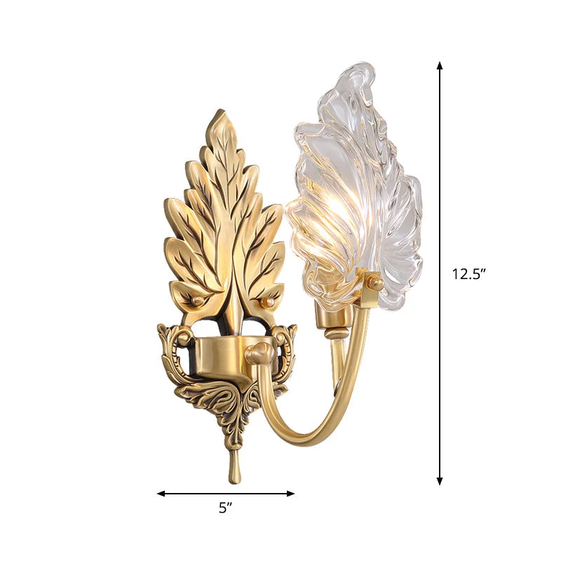 Karnz | Traditionelle Palmblatt Wandleuchte 1/2 Lichter Klarglas Wandbeleuchtung Idee mit gewölbtem Arm aus Messing