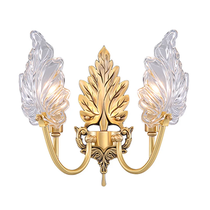 Karnz | Traditionelle Palmblatt Wandleuchte 1/2 Lichter Klarglas Wandbeleuchtung Idee mit gewölbtem Arm aus Messing