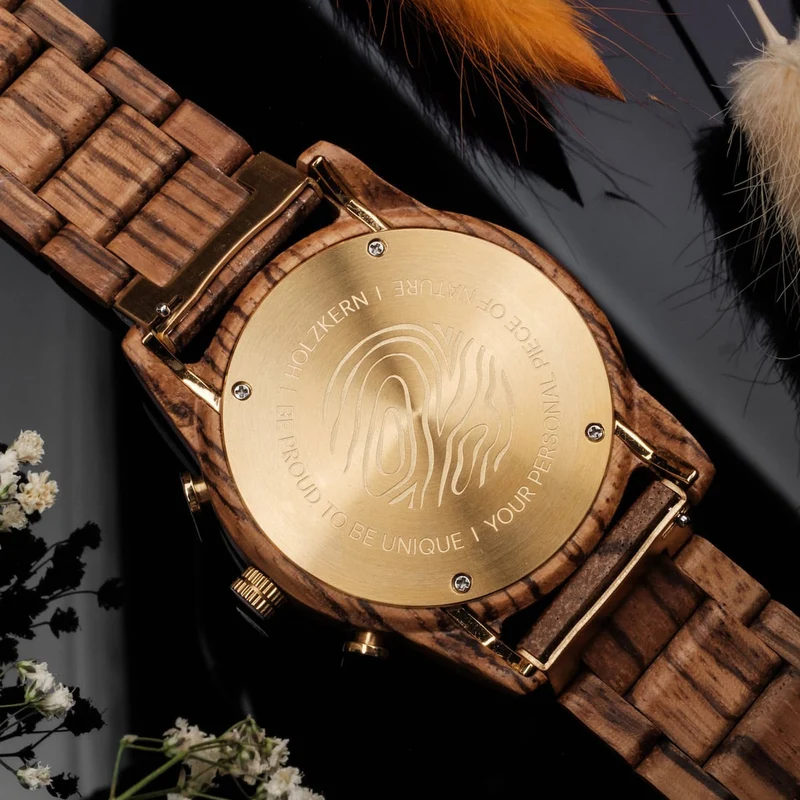 Holzkern Blätterdach Herrenuhr Chronograph Zebrano/Marmor • Japanisches Quarzwerk • Mineralglas
