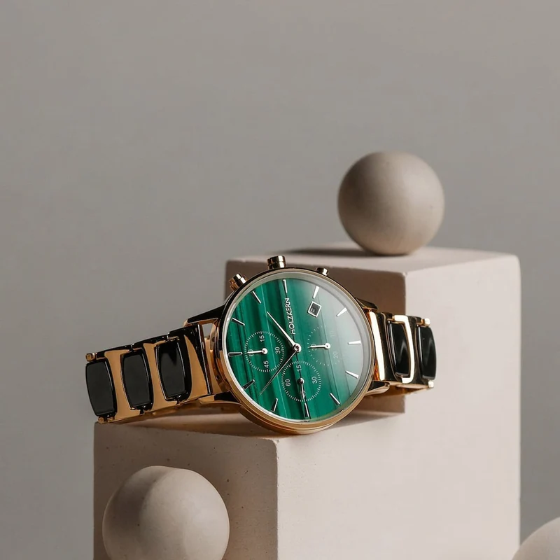 Holzkern Jolly Damenuhr Chronograph • Malachit-Zifferblatt • Quarzwerk