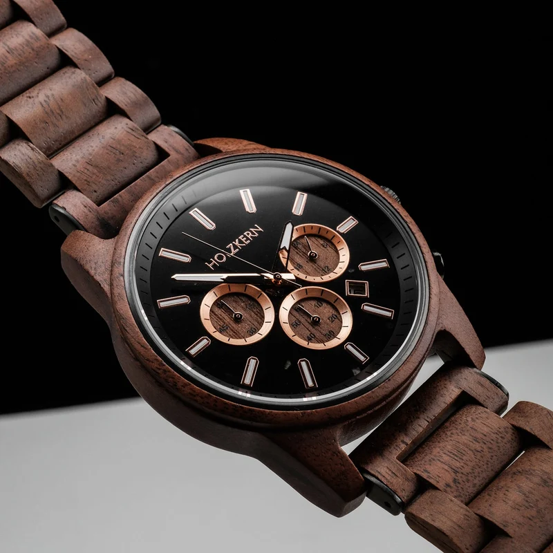 Holzkern Buschwerk HK1073 Herren Armbanduhr Braun • Chronographenwerk • Echtmarmor-Zifferblatt