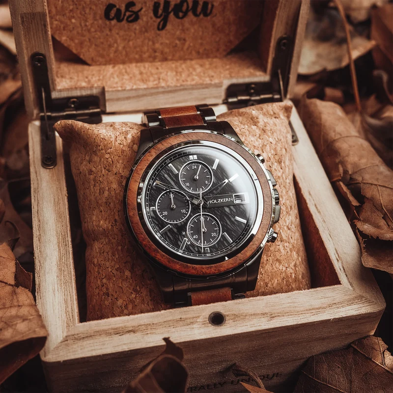 Holzkern Angkor Herrenuhr • Solar-Chronograph • Koaholz und Marmor