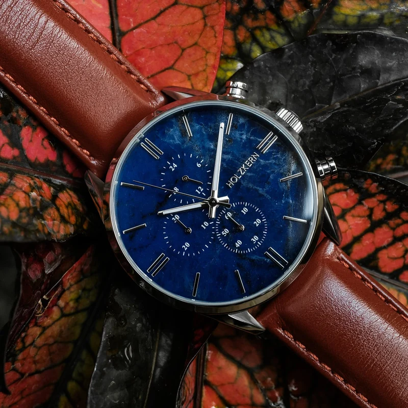 Holzkern Naturalist Herrenuhr • Echtmarmor-Zifferblatt • Chronograph-Optik