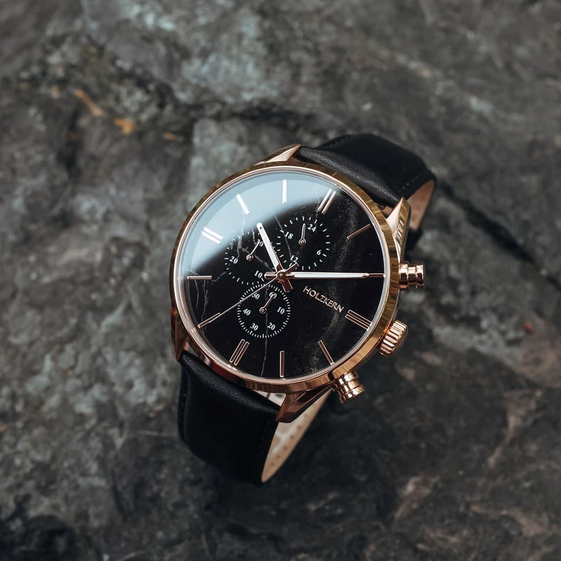 Holzkern Relational Herren Chronograph • Echter Schwarzer Marmor • Mineralglas