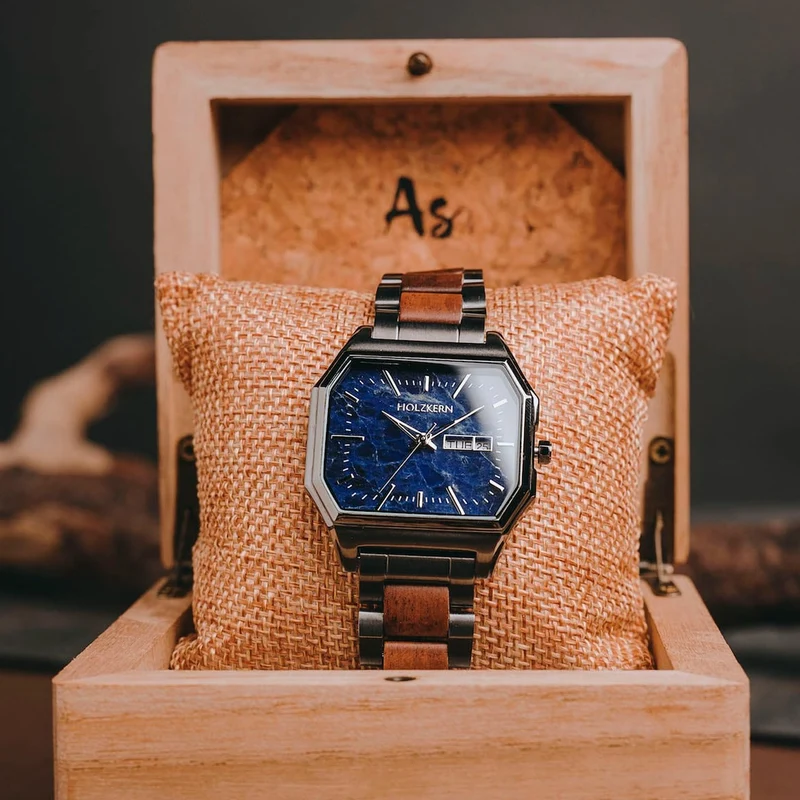 Holzkern Moneo Armbanduhr Blau • Quarzwerk • Holz-Edelstahl-Armband