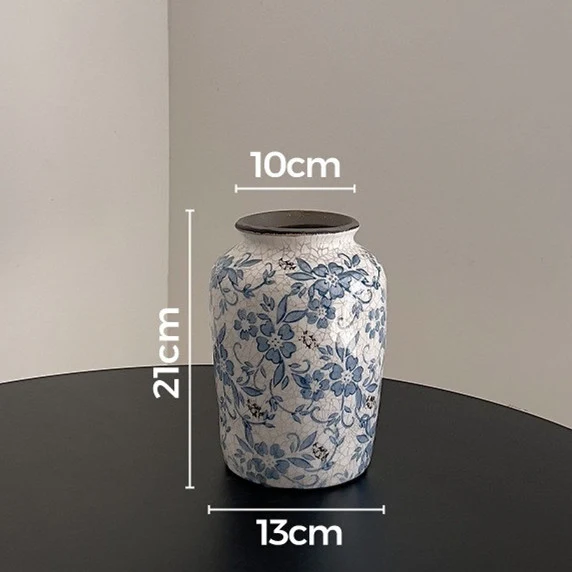 Vintage-inspirierte blaue florale zylindrische Keramikw vase mit Rissglasur und schmalem Hals für Tischdekoration