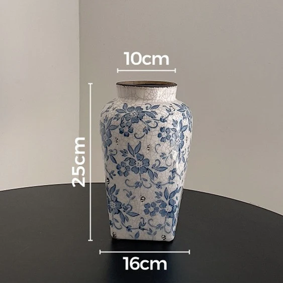 Vintage-inspirierte blaue florale zylindrische Keramikw vase mit Rissglasur und schmalem Hals für Tischdekoration
