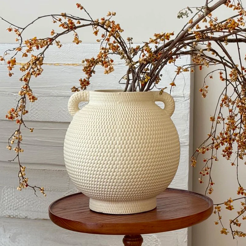 Texturierte Keramische Doppelgriffe Runde Dekorative Urne Vase mit Korbgeflecht Relief