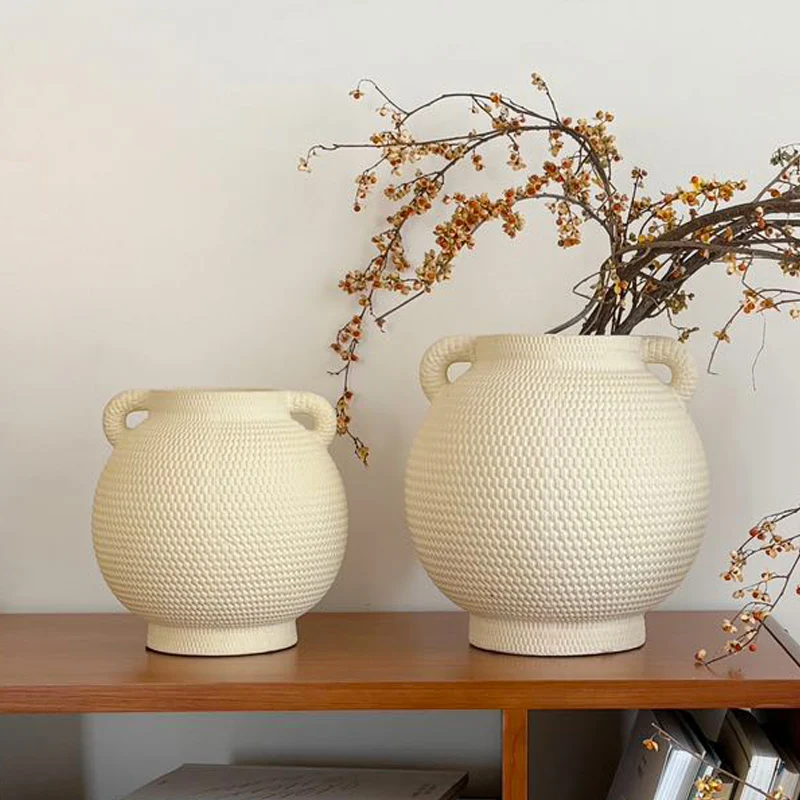 Texturierte Keramische Doppelgriffe Runde Dekorative Urne Vase mit Korbgeflecht Relief