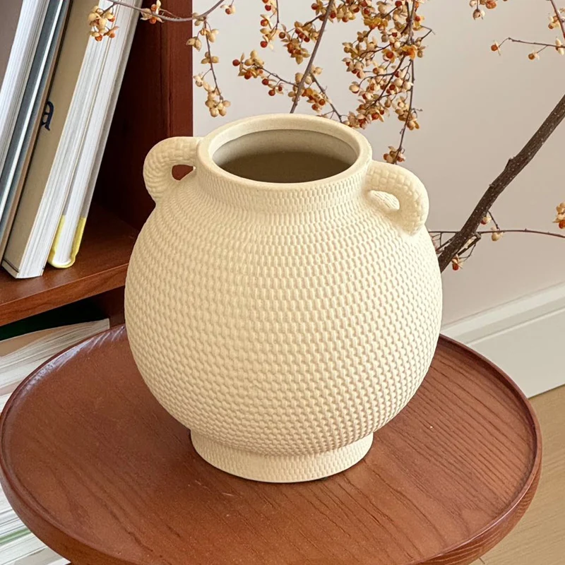 Texturierte Keramische Doppelgriffe Runde Dekorative Urne Vase mit Korbgeflecht Relief