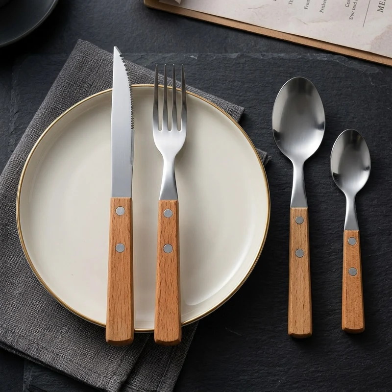 Besteckset 12-teilig, Edelstahl mit Holzgriff