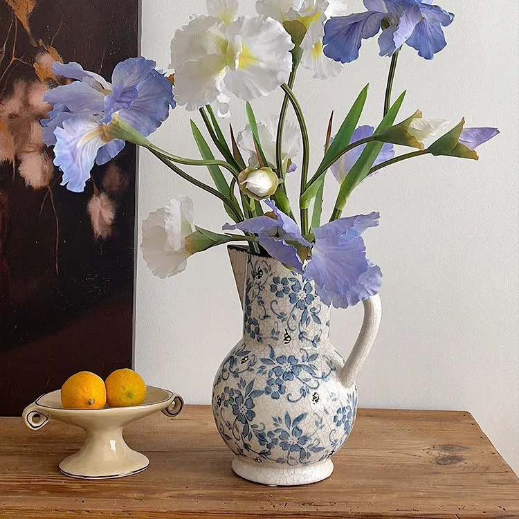Rissige glasierte Keramik-Vase mit floralem Muster, schmalem Hals und zylindrischem Körper