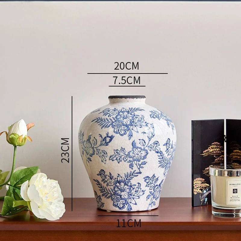 Crackle-Glaze Floral Keramische Dekorative Tischvase mit schmalem Hals und quadratischem Fuß