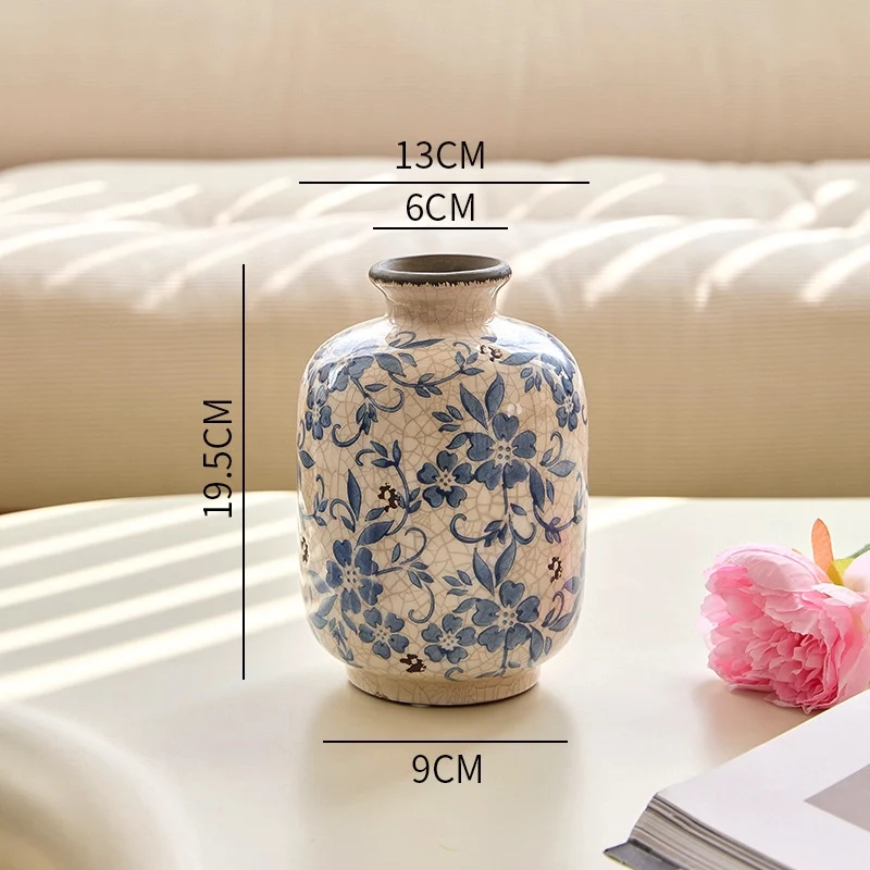 Crackle-Glaze Floral Keramische Dekorative Tischvase mit schmalem Hals und quadratischem Fuß