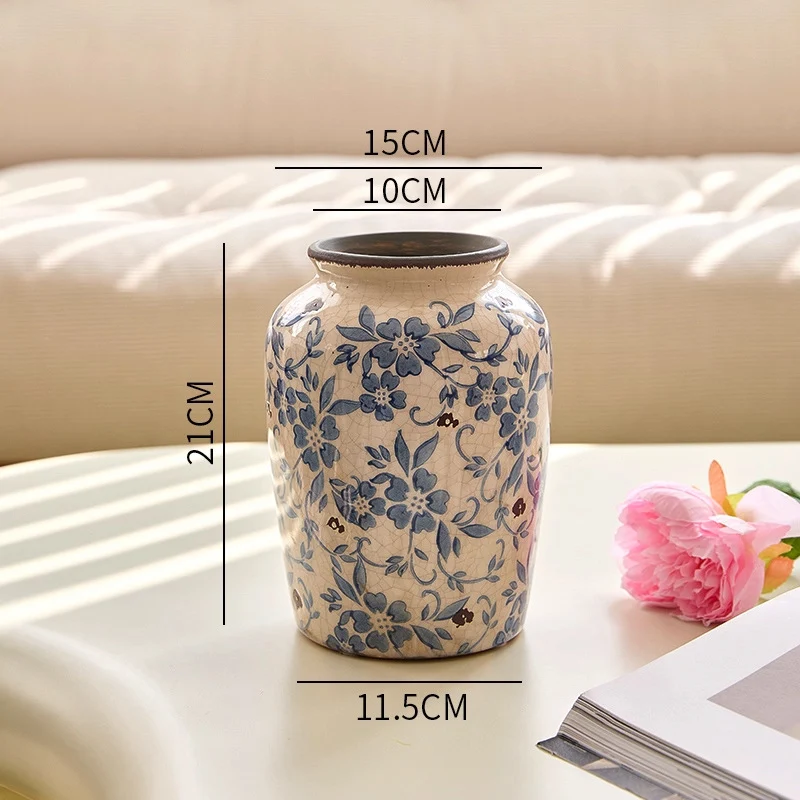 Crackle-Glaze Floral Keramische Dekorative Tischvase mit schmalem Hals und quadratischem Fuß