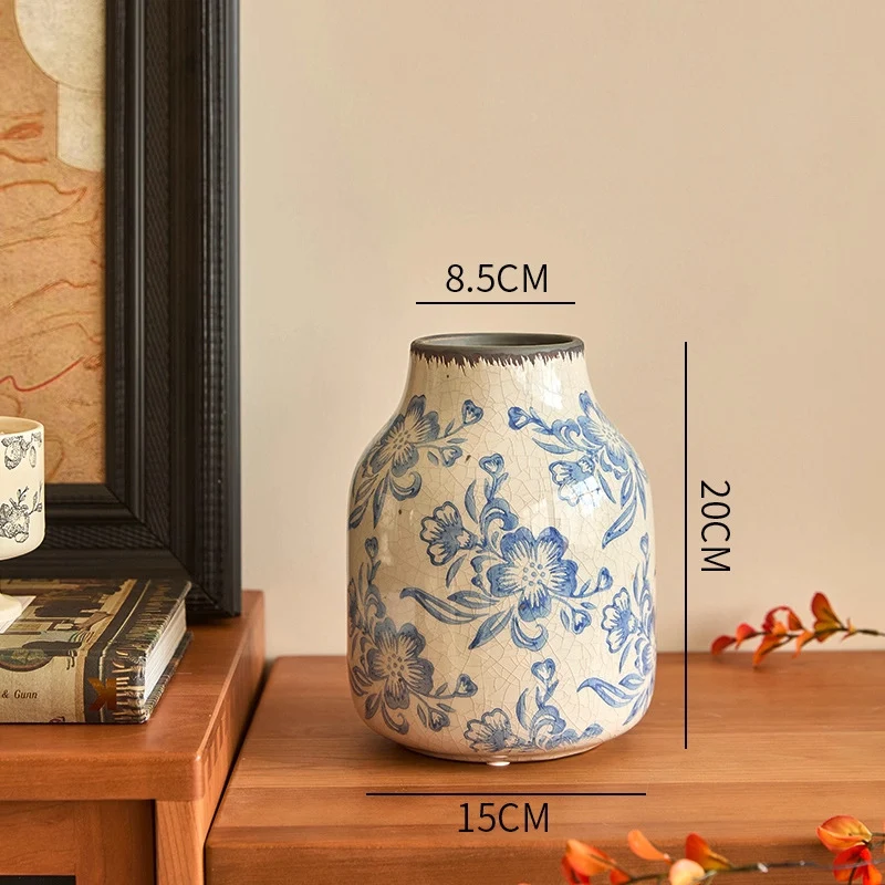 Crackle-Glaze Floral Keramische Dekorative Tischvase mit schmalem Hals und quadratischem Fuß