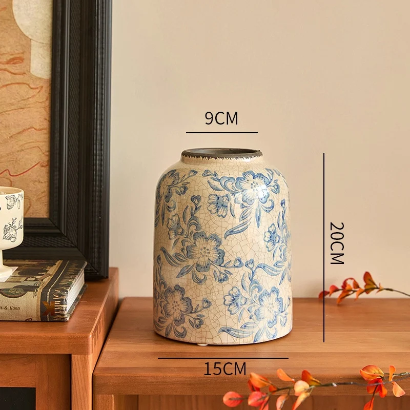 Crackle-Glaze Floral Keramische Dekorative Tischvase mit schmalem Hals und quadratischem Fuß