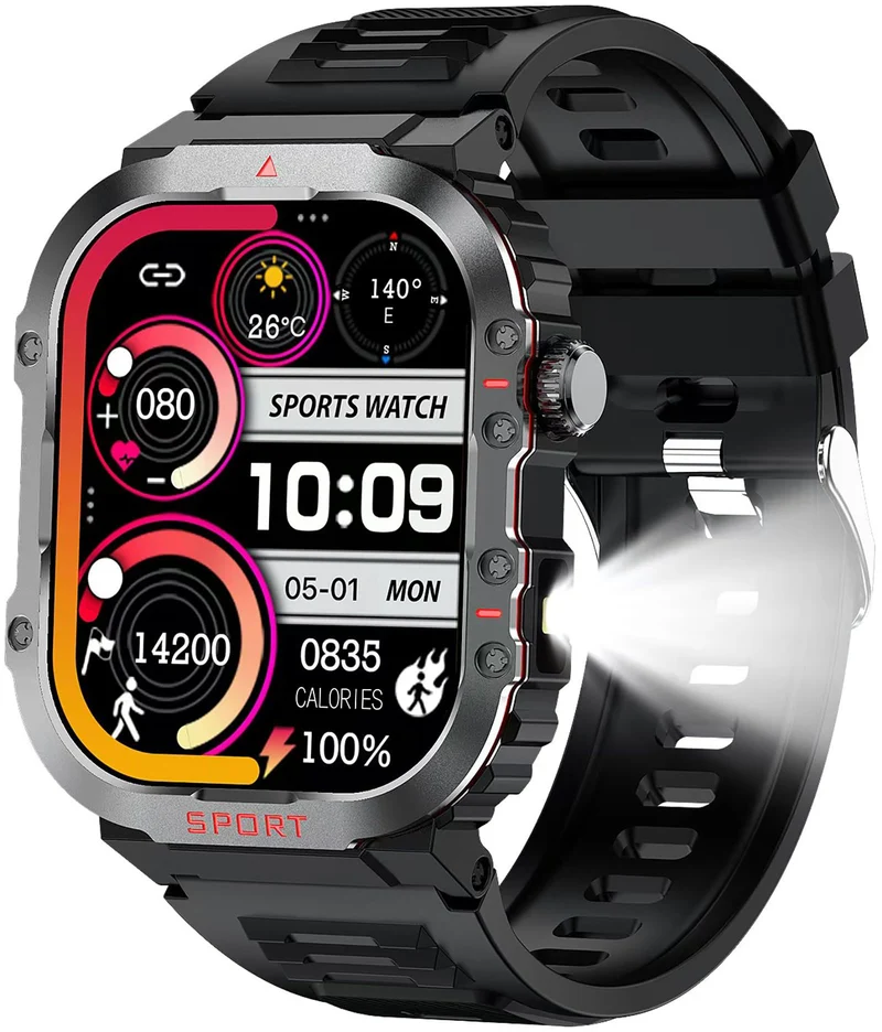 Compass Smart Watch with LED Flashlight Waterproof Swimming Watches, 2.01'' Military Fitness Tracker Rugged Tactical Smartwatch (Answer/Make Call)