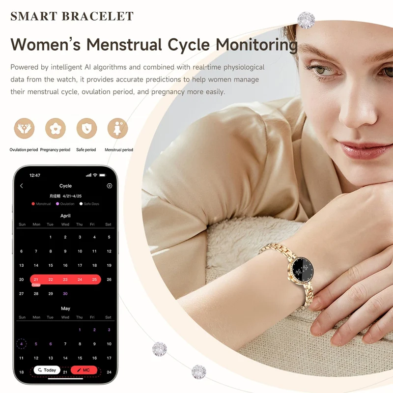 Smart Bracelet Smart Gold Watches for Women Elegant Round Jewelry Fitness Tracker with Heart Rate Monitor Sleep Tracker Step Counter Waterproof Slim Smartwatch with Notifications for IOS & Android