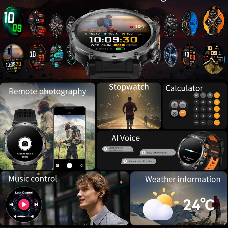Smart Watch for Men GPS Outdoor Tactical Smartwatch with Altimeter Barometer Compass ABC Watch Bluetooth Calling 100+ Sports Modes Heart Rate Monitor Sleep Monitor Smart Notifications Voice Assistant