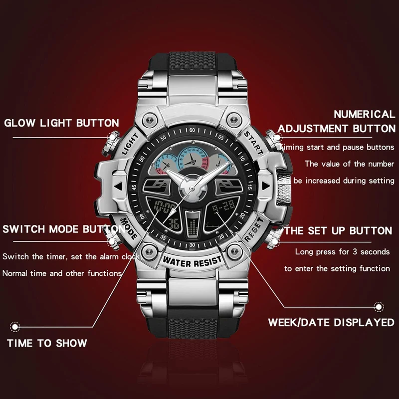 Findtime Tactical Watches for Men Black Military 5ATM Waterproof Sport Digital Watch Cool Designer World Time Countdown 12/24H Stopwatch