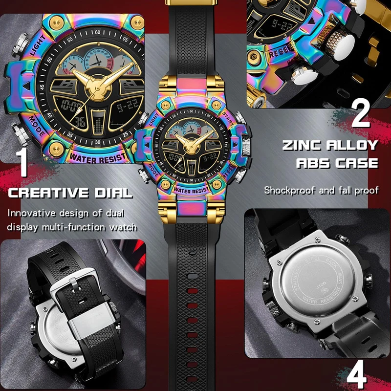 Findtime Tactical Watches for Men Black Military 5ATM Waterproof Sport Digital Watch Cool Designer World Time Countdown 12/24H Stopwatch