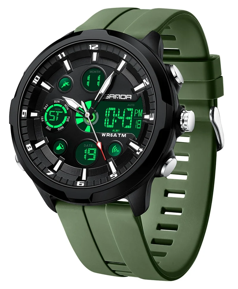 Findtime Fashion Men's Digital Analog Sports Watch, 53mm Large Face 50M Waterproof Multifunction Luminous Watch with Alarm, Stopwatch, Dual Time, Silicone Strap