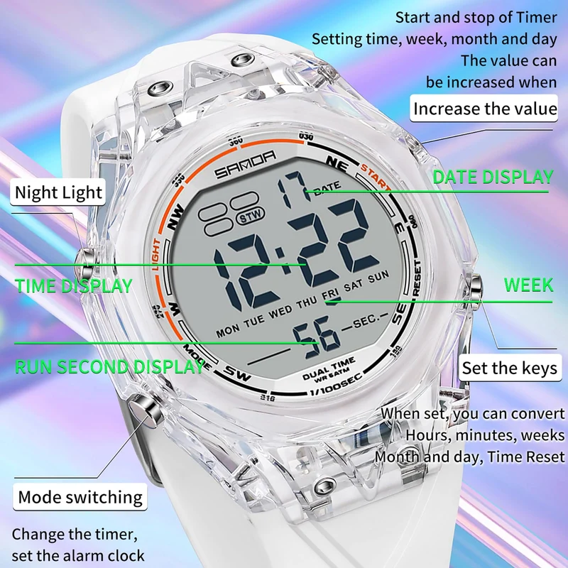 Findtime Digital Watches for Men Women Waterproof Sports Watch with Stopwatch Countdown Alarm Silicone Strap Unique Style Transparent Case