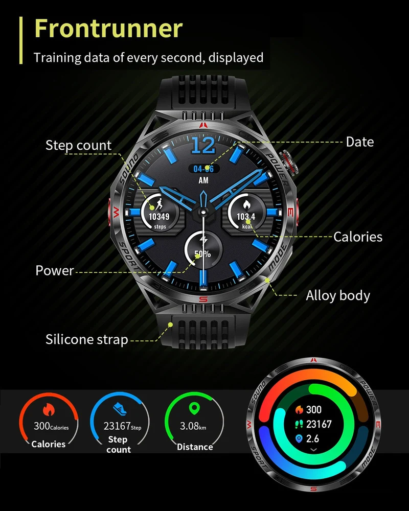 Smart Watch for Men Outdoor Smart Watches Blood Pressure Monitor Heart Rate Sleep Monitor Make/Answer Call Fitness Tracker Compass Pedometer Step Counter Waterproof Flashlight iOS Android Phones