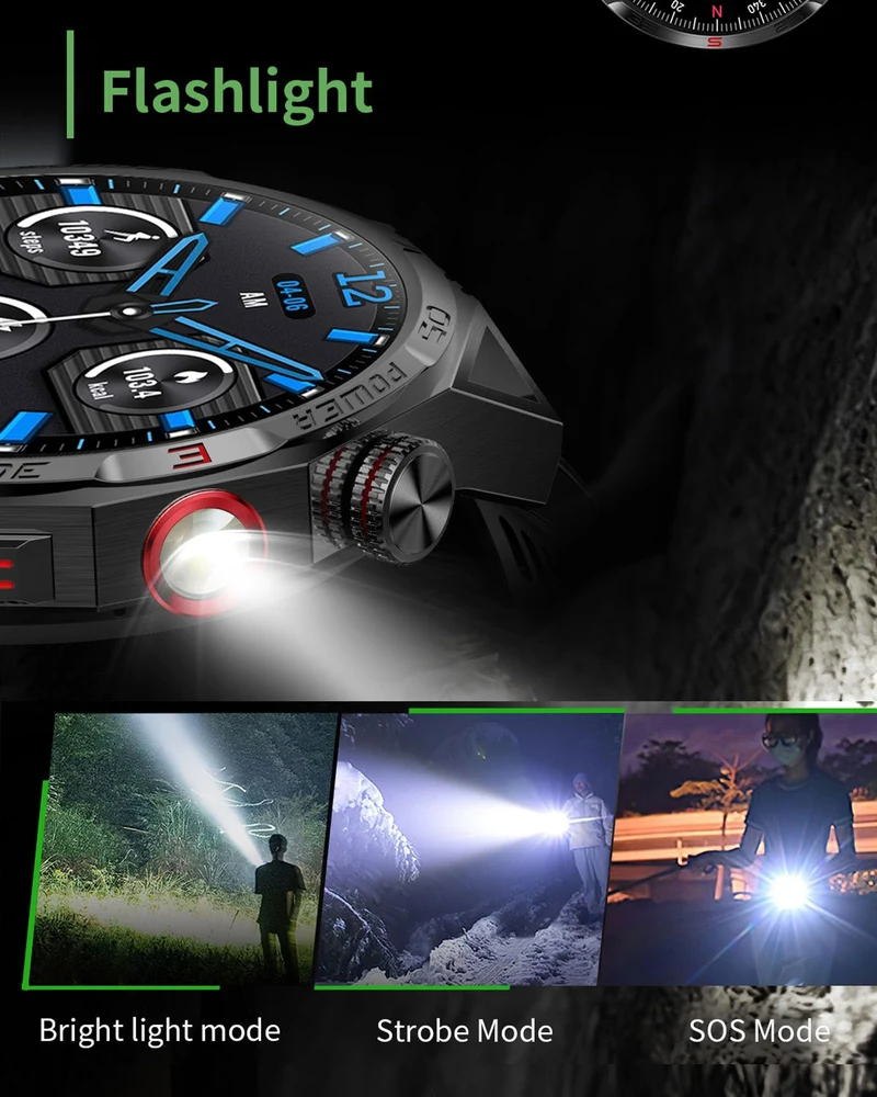 Smart Watch for Men Outdoor Smart Watches Blood Pressure Monitor Heart Rate Sleep Monitor Make/Answer Call Fitness Tracker Compass Pedometer Step Counter Waterproof Flashlight iOS Android Phones
