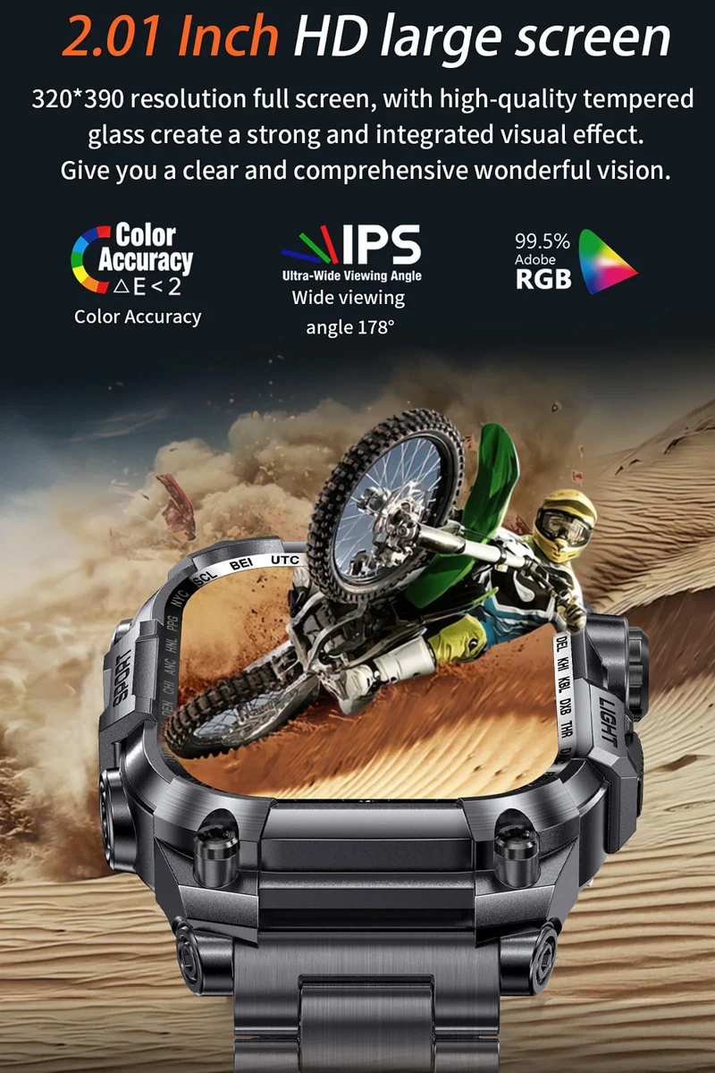 Tough Smart Watch for Working Men with Flashlight, 2.01" HD Ultra Large Rugged Smartwatch Bluetooth Call/Heart Rate/Sleep Monitor Hiking Camping Fitness Track Watches