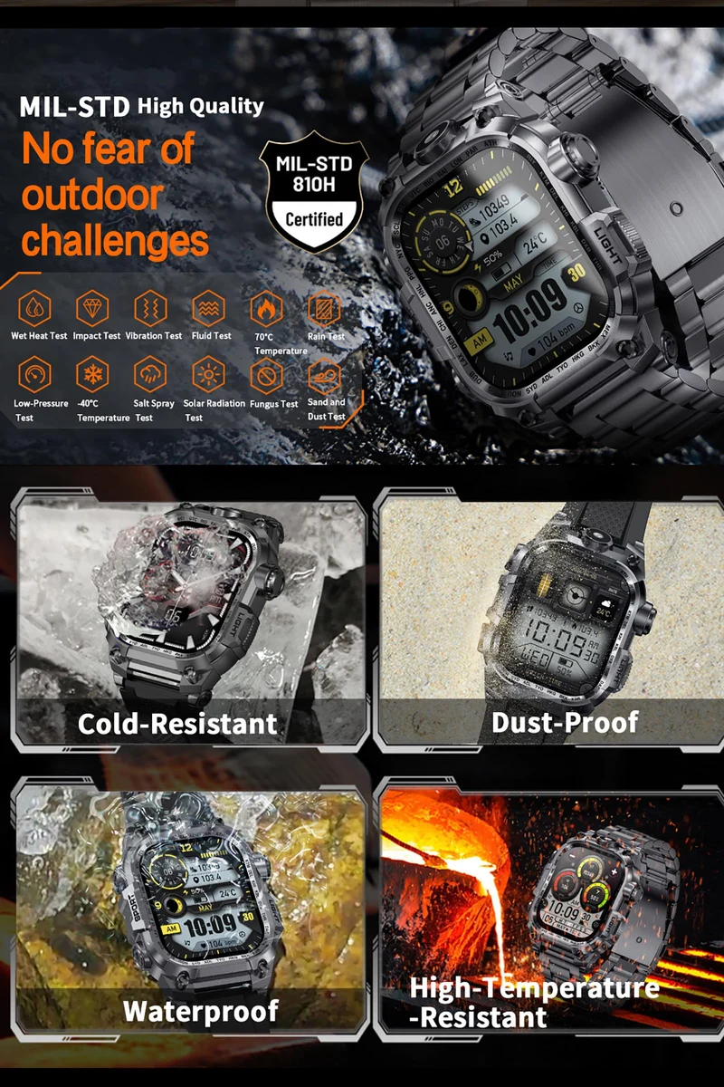 Tough Smart Watch for Working Men with Flashlight, 2.01" HD Ultra Large Rugged Smartwatch Bluetooth Call/Heart Rate/Sleep Monitor Hiking Camping Fitness Track Watches