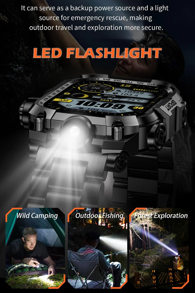 Tough Smart Watch for Working Men with Flashlight, 2.01" HD Ultra Large Rugged Smartwatch Bluetooth Call/Heart Rate/Sleep Monitor Hiking Camping Fitness Track Watches