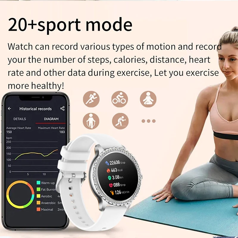Luxury Black Smart Watches for Women, Diamond Round Designer Fitness Tracker Smartwatch for Android iOS Phones with Make/Answer Call Sleep Monitor