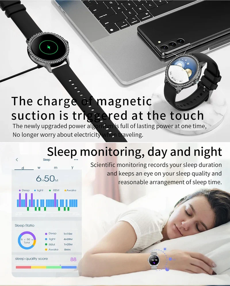 Luxury Black Smart Watches for Women, Diamond Round Designer Fitness Tracker Smartwatch for Android iOS Phones with Make/Answer Call Sleep Monitor