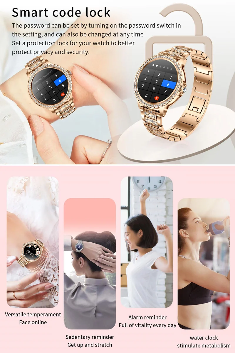 Luxury Black Smart Watches for Women, Diamond Round Designer Fitness Tracker Smartwatch for Android iOS Phones with Make/Answer Call Sleep Monitor