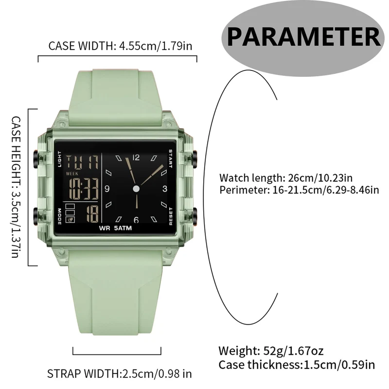 Findtime Digital Watches for Men Women Waterproof Unique Rectangle Watch Stopwatch Countdown Alarm Analog Silicone Strap Transparent Case