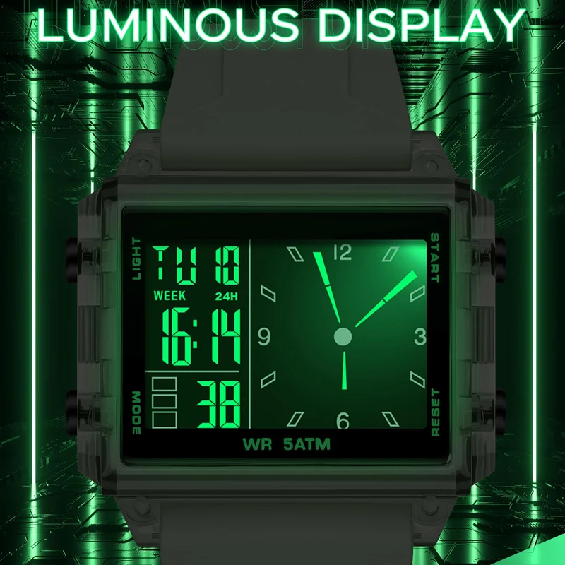 Findtime Digital Watches for Men Women Waterproof Unique Rectangle Watch Stopwatch Countdown Alarm Analog Silicone Strap Transparent Case