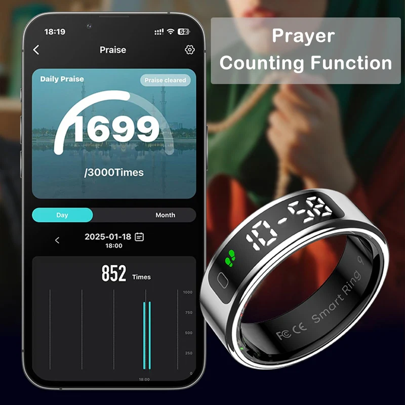Smart Ring for Women Health Ring Fitness Tracker with Pedometer Heart Rate Monitor Screen Display Prayer Count No Subscription Fee for Android iOS