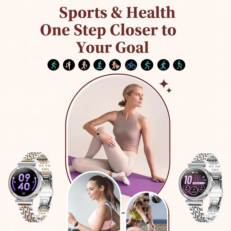 Smart Watches for Women Fitness Tracker with Diamonds Multi-Sport Modes Heart Rate Monitor Sleep Monitoring Bluetooth Calls Female Helath 1.27" Dainty Smartwatch for Android iOS