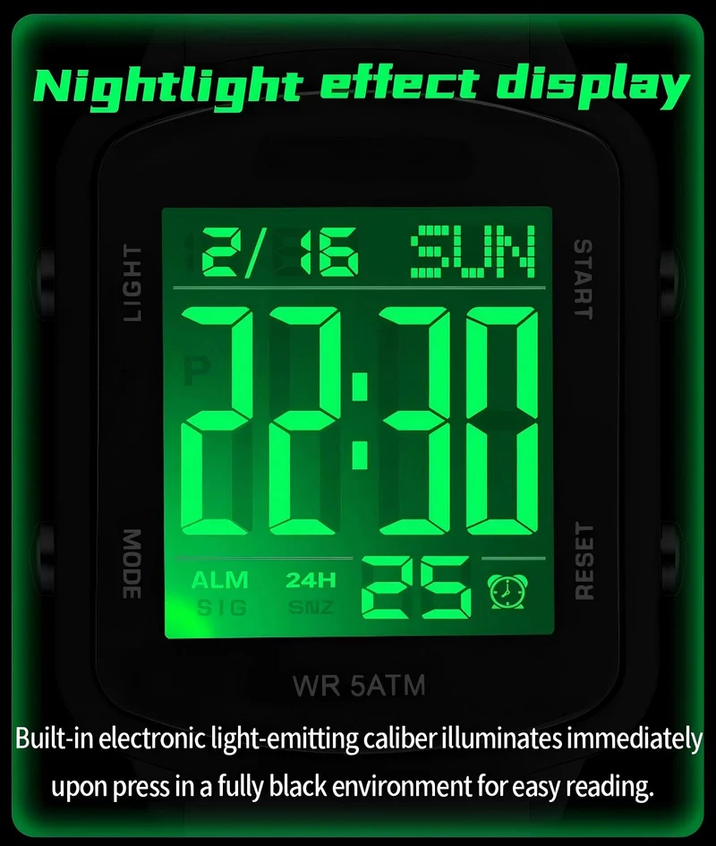 Findtime Unisex Digital Watch with Large Display 5ATM Waterproof Sports Watch Lightweight Silicone Strap Backlight LED Stopwatch Alarm Dual Time Modern Square Casual Watch for Men & Women