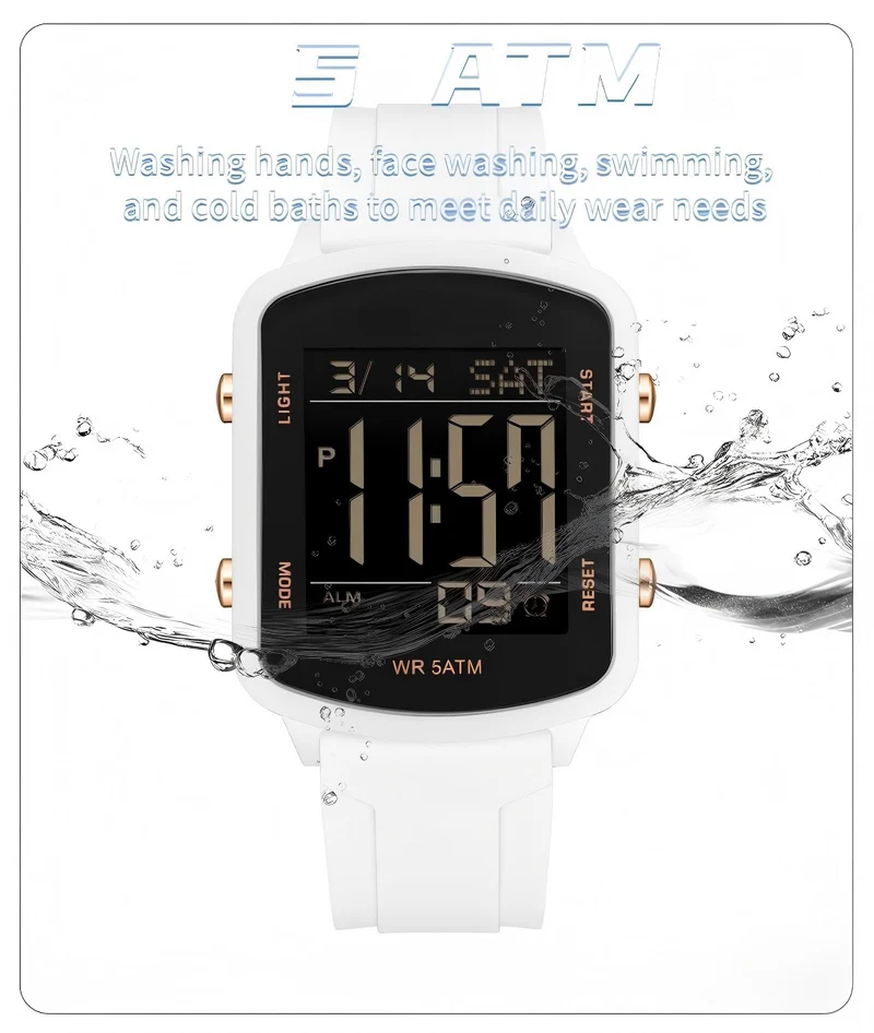 Findtime Unisex Digital Watch with Large Display 5ATM Waterproof Sports Watch Lightweight Silicone Strap Backlight LED Stopwatch Alarm Dual Time Modern Square Casual Watch for Men & Women