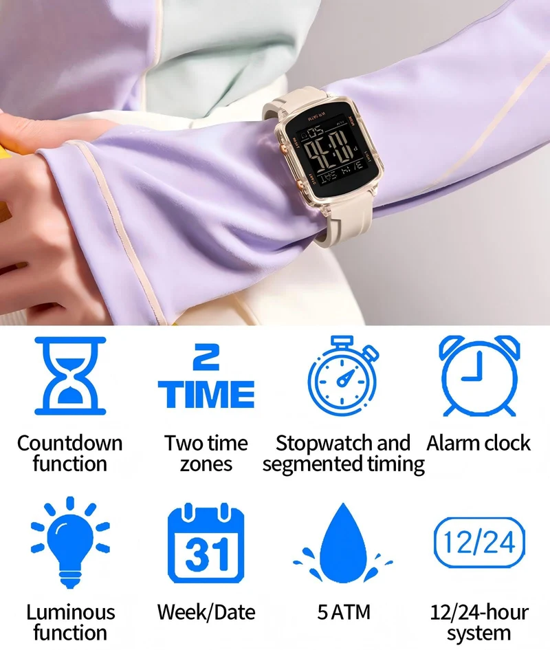 Findtime Unisex Digital Watch with Large Display 5ATM Waterproof Sports Watch Lightweight Silicone Strap Backlight LED Stopwatch Alarm Dual Time Modern Square Casual Watch for Men & Women