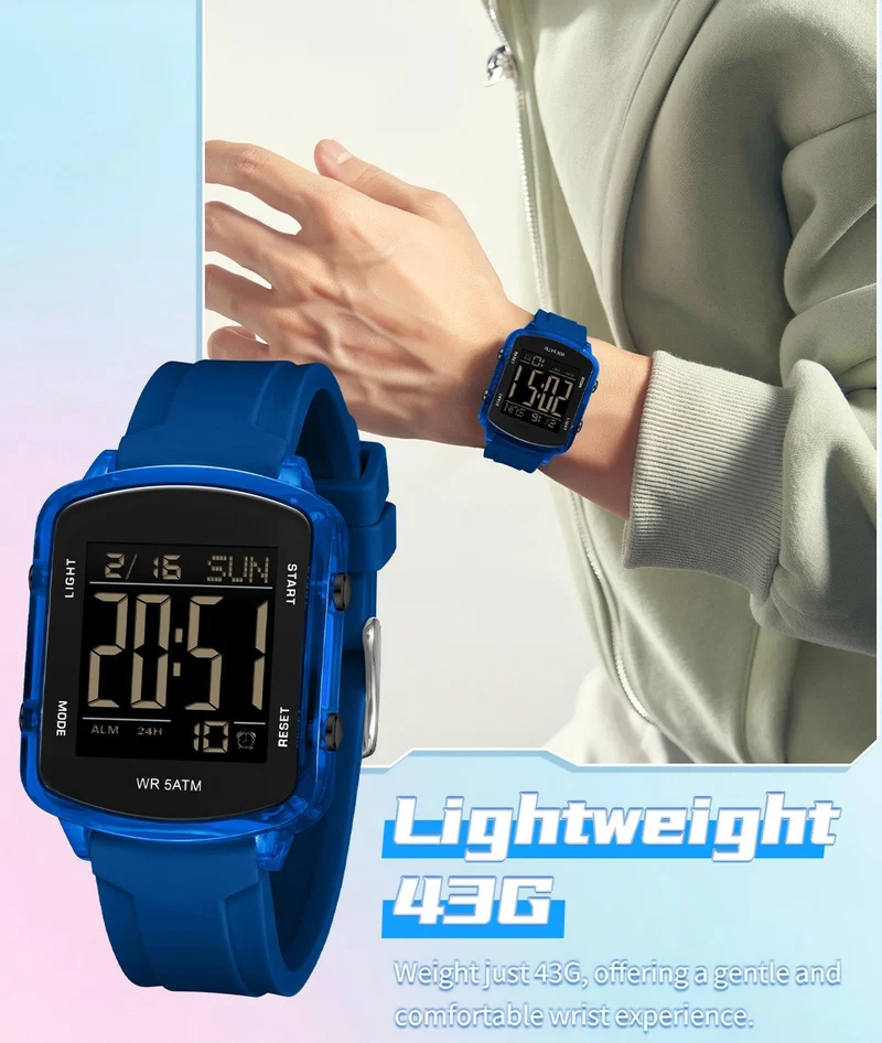 Findtime Unisex Digital Watch with Large Display 5ATM Waterproof Sports Watch Lightweight Silicone Strap Backlight LED Stopwatch Alarm Dual Time Modern Square Casual Watch for Men & Women