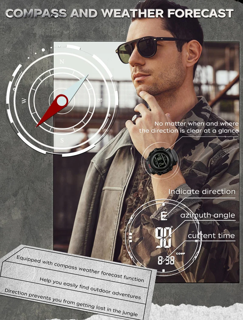 Men's Military Watches for Men Tactical ABC Digital Watch Outdoor Sports Altimeter Barometer Compass Thermometer Fitness Tracker Watch Step Counter Dual Time Stopwatch Countdown Waterproof Wristwatch