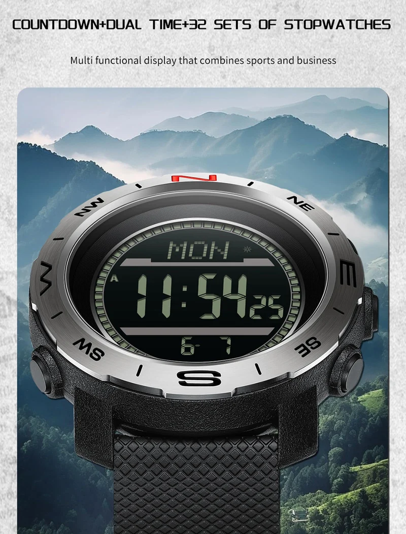 Men's Military Watches for Men Tactical ABC Digital Watch Outdoor Sports Altimeter Barometer Compass Thermometer Fitness Tracker Watch Step Counter Dual Time Stopwatch Countdown Waterproof Wristwatch