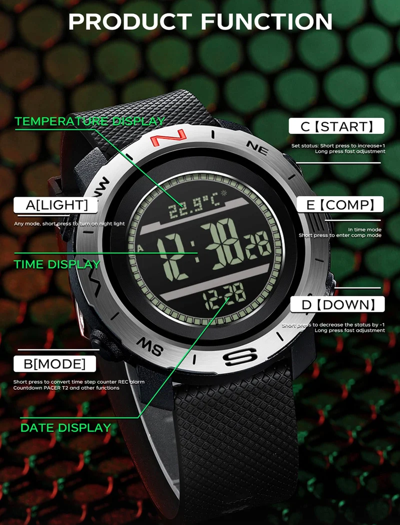 Men's Military Watches for Men Tactical ABC Digital Watch Outdoor Sports Altimeter Barometer Compass Thermometer Fitness Tracker Watch Step Counter Dual Time Stopwatch Countdown Waterproof Wristwatch