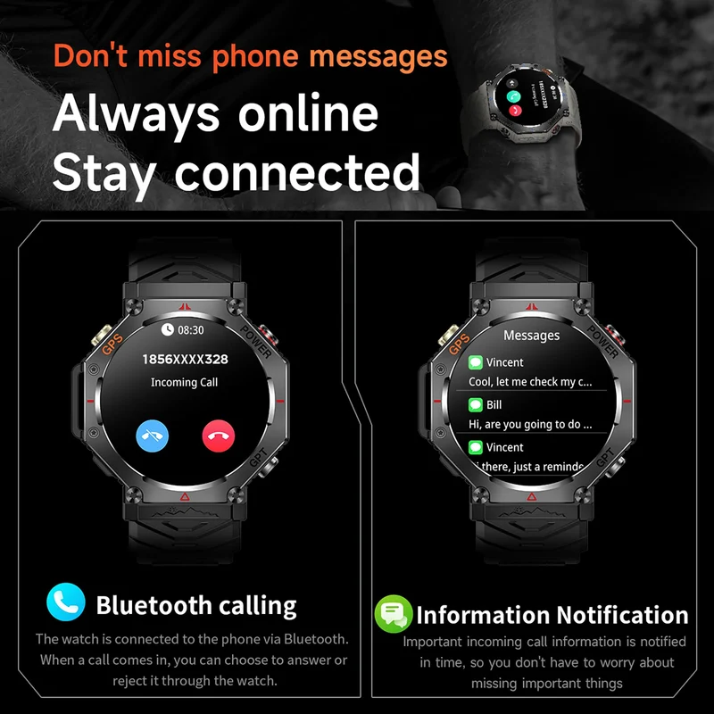 GPS Smart Watches for Men Military Altimeter Barometer Compass Bluetooth Calls Sports Modes Flashlight Smart Watch Heart Rate Sleep Monitor Message Reminder