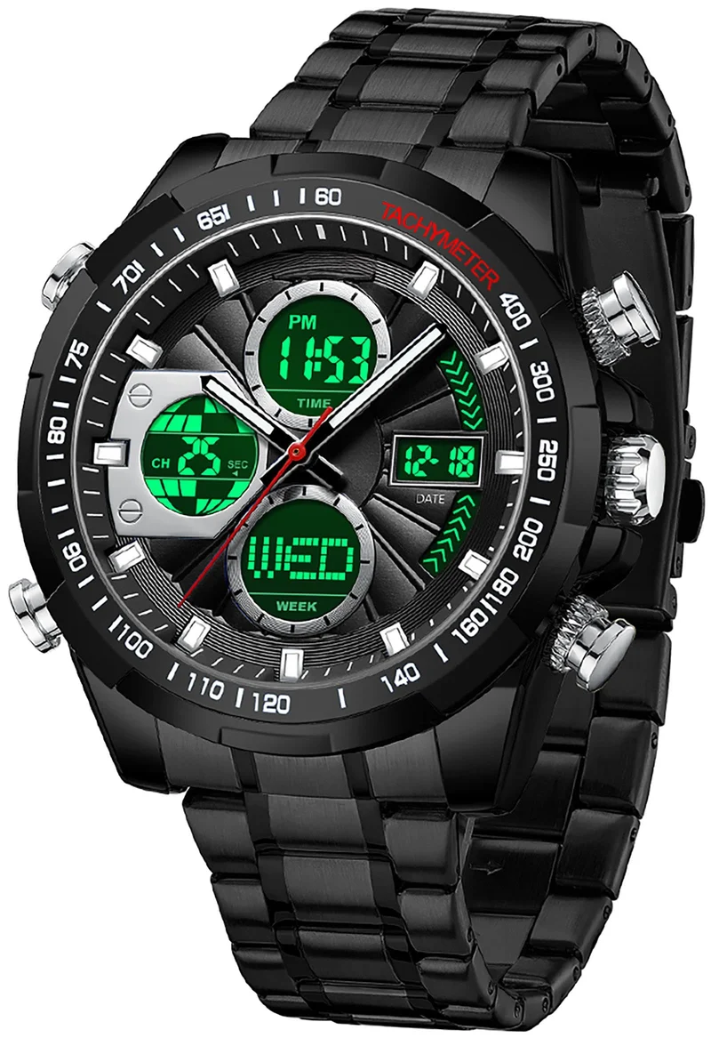 Luxury Stainless Steel Watches for Men Gold Digital Analog Mens Watch with Countdown Alarm Three Time Zone Waterproof Classic Business Wristwatch